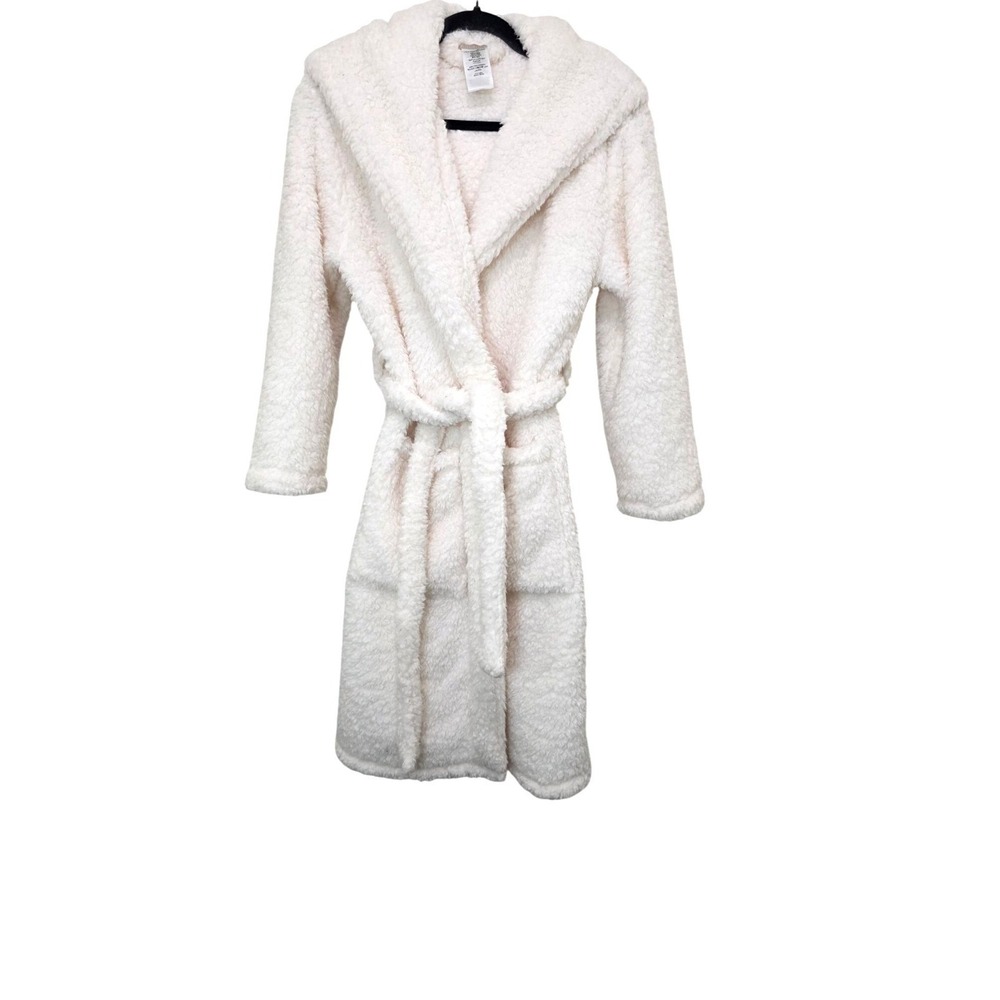 Pottery Barn Teen Teddy Bear Ivory Hooded Sherpa Belted Bathrobe Pockets Size S - Picture 1 of 8